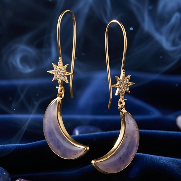 Celestial Dreams: Boho‎ Chic Gold-Tone Star & Moon Trendy Drop Earrings 🌙✨ - Picture 13 of 16
